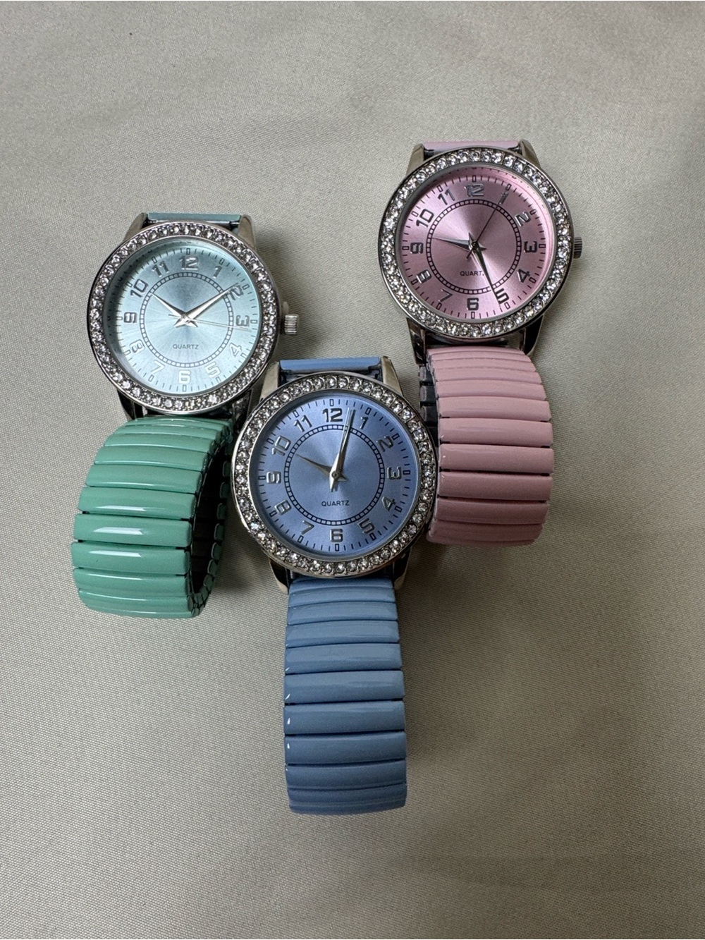 Set of 3 Rhinestone Accent Stretch Band Watches - Pastel Pink, Blue, Mint - Picture 8 of 8
